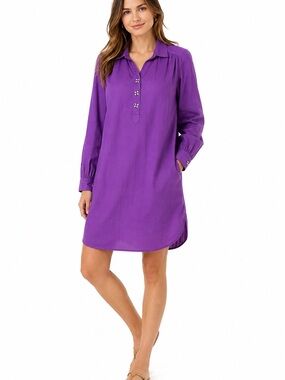 Tory Burch Purple 100% Cotton Long Sleeve Tunic Dress Beaded Buttons Size 8